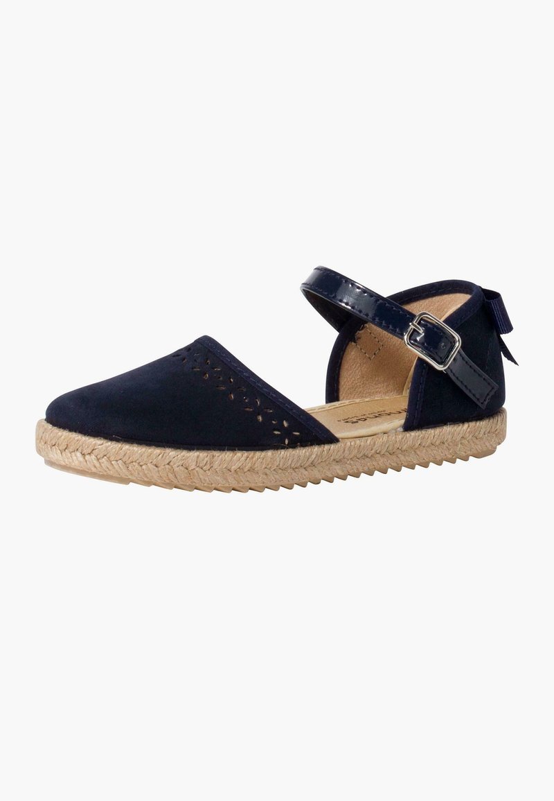 Navy blue espadrille with a soft suede upper, cutout design, ankle strap, and woven jute sole, featuring a textured surface.