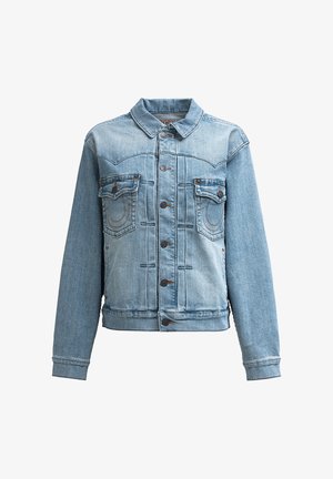 Jasnoniebieska dżinsowa kurtka z zapięciem na guziki, kołnierzem, dwiema kieszeniami na piersi oraz wykończeniami ze stębnowania wzdłuż ramion i kieszeni.