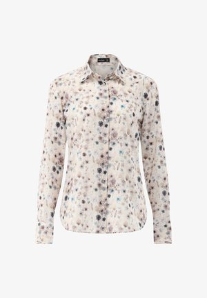 Floral long-sleeve shirt featuring a button-up front, soft fabric, and a light beige base with pastel blue and purple flower patterns.