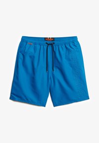 Blauwe zwembroek van lichtgewicht stof, voorzien van een elastische tailleband, trekkoord en een reliëflogo op de zijkant. Gladde textuur.