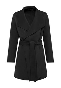 Cappotto nero con cintura, colletto ampio, maniche lunghe e silhouette sartoriale. Realizzato in tessuto texturizzato con una finitura liscia.