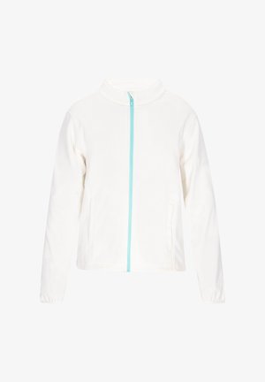 White fleece jacket with a high collar, full turquoise zip, and side pockets. Smooth texture; simple, minimalist design.