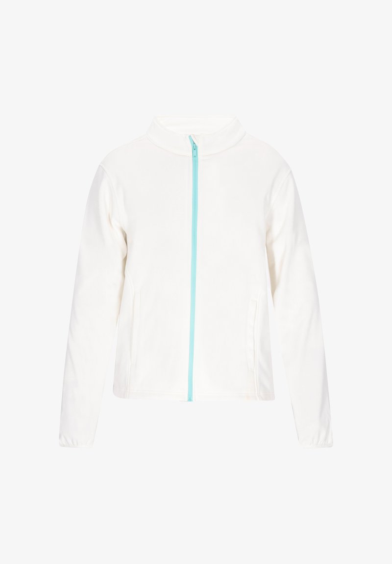 Hvid fleecejakke med høj krave, fuld turkis lynlås og sidelommer. Glat tekstur; enkelt, minimalistisk design.