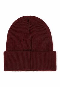 Beanie in magenta a maglia con risvolto. Presenta una texture a coste e una parte superiore senza cuciture. Realizzato in tessuto morbido e elastico per garantire calore.