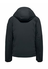Czarna, izolowana kurtka z kapturem, z gładkiego materiału, o dopasowanym kroju i minimalistycznym designie, bez widocznych akcesoriów czy detali.