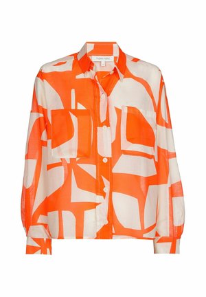 Overhemd met lange mouwen, knoopsluiting, in oranje en wit met een abstract geometrisch patroon en twee borstzakken aan de voorkant.