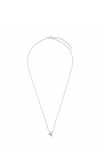 Srebrny naszyjnik z delikatnym łańcuszkiem i małym zawieszką w kształcie liścia, składającą się z dwóch liści, zaprojektowany w regulowanej długości z karabińczykiem.