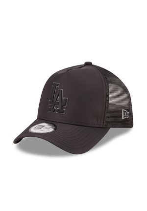 Black adjustable cap made of smooth fabric with a mesh back. Features an embroidered "LA" logo on the front and a curved brim.