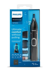 Philips NT5000 nosetrimmer in black with ergonomic design, includes various attachments, water-resistant, and a storage pouch.
