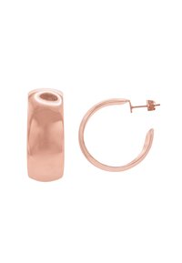 Ohrringe aus Roségold mit einem robusten, rechteckigen Hänger und einem schlanken, runden Hänger mit polierter Oberfläche. Beide Teile sind glatt und glänzend.