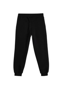 Zwarte joggingbroek van zacht materiaal, met een elastische tailleband en geribbelde boorden. Het ontwerp is eenvoudig zonder aanvullende patronen of accenten.