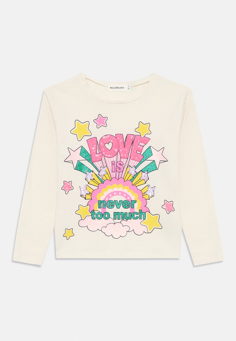 Krém színű, hosszú ujjú póló színes csillogó csillagokkal, szivárvánnyal és az "A szerelem sosem túl sok" felirattal az elején.