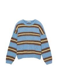 Pulover rayat în albastru deschis, cu dungi orizontale maronii și crem, guler rotund și mâneci largi, fabricat din material moale.
