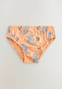 Slip da bagno arancioni con un motivo giocoso di animali marini grigi, dotati di una fascia elastica in vita e di un tessuto morbido e elastico.