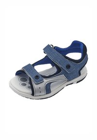 Sandal in denim con dettagli grigi e blu navy, cinturini regolabili, punta chiusa e suola in gomma con motivi circolari per una migliore aderenza.