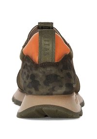 Green camo sneakers with orange accents, textured suede upper, contrasting rubber sole, pull tab, and stitched detailing at the back.