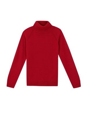 Rød langærmet rullekravesweater med ribstrikket krave, manchetter og kant, lagt fladt på en hvid baggrund.