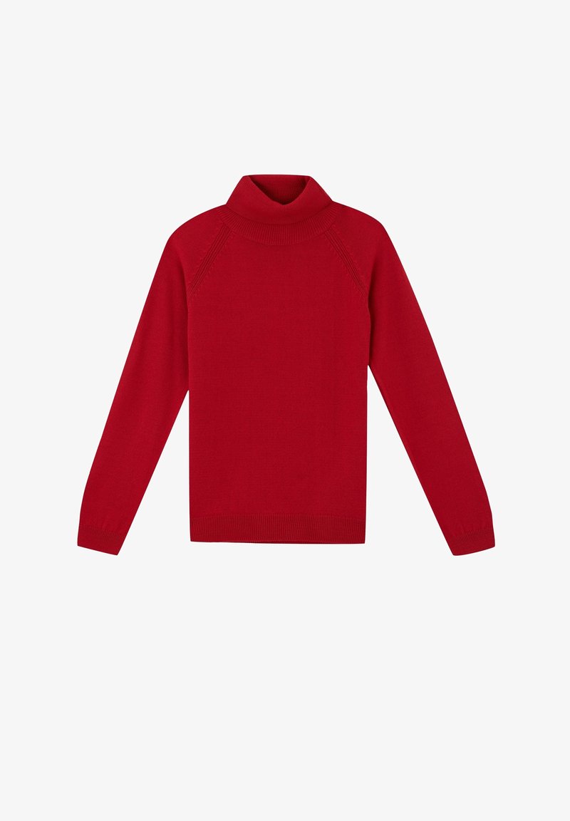 Pull rouge à col roulé manches longues avec col, poignets et bord-côtes, posé à plat sur un fond blanc.