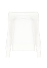 Weißer, schulterfreier Pullover mit langen Ärmeln, breitem geripptem Halsausschnitt, Bündchen und Saum, auf einem schlichten weißen Hintergrund präsentiert.