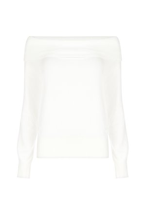 Weißer, schulterfreier Pullover mit langen Ärmeln, breitem geripptem Halsausschnitt, Bündchen und Saum, auf einem schlichten weißen Hintergrund präsentiert.