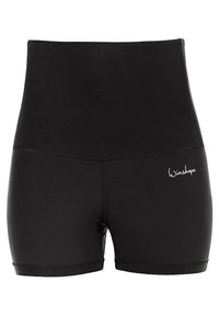 Black high-waisted shorts in stretchy fabric, featuring a smooth texture, elastic waistband, and a white "Winshape" logo on the side.
