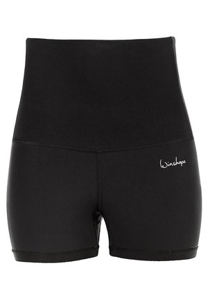 Zwarte hoge taille shorts van rekbaar stof, met een gladde textuur, elastische tailleband en een wit "Winshape" logo aan de zijkant.