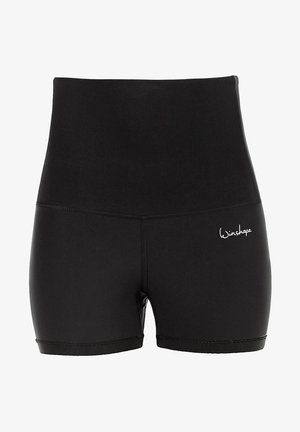 Black high-waisted shorts in stretchy fabric, featuring a smooth texture, elastic waistband, and a white "Winshape" logo on the side.