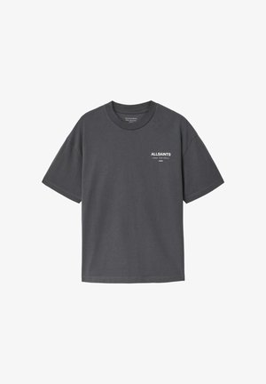 Dunkelgraues T-Shirt mit kurzen Ärmeln, weißem "ALLSAINTS London"-Schriftzug und kleinen japanischen Zeichen auf der linken Brust.