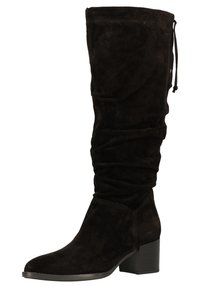 Black knee-high boots made of soft suede, featuring a slouchy design, block heel, and a drawstring at the top for adjustable fit.