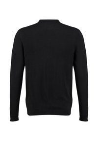 Maglione nero con scollatura tonda, maniche lunghe e polsini a coste. Realizzato in tessuto liscio, presenta un design minimalista.