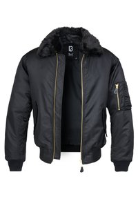 Chaqueta bomber negra con cuello de piel sintética, cremallera dorada, puños elásticos y un bolsillo de utilidad en la manga. Acabado de tela suave y brillante.
