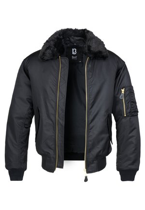 Black bomber jacket with faux fur collar, gold zipper, elastic cuffs, and a utility pocket on the sleeve. Smooth, shiny fabric finish.
