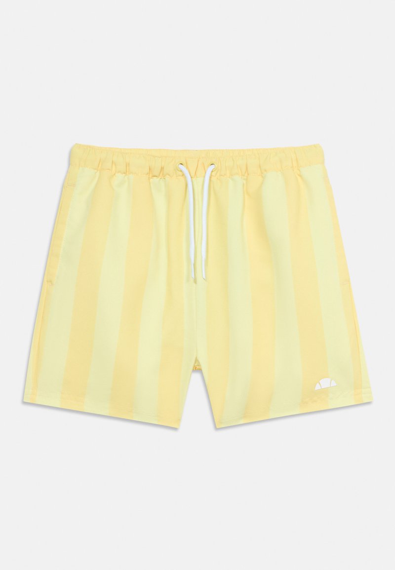 Short de bain jaune à rayures verticales, taille élastique, cordon blanc, poches latérales et petit logo blanc sur la jambe inférieure gauche.