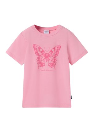 Pink kortærmet T-shirt med en detaljeret pink sommerfugl-grafik og teksten "Papilio Machaon" trykt under sommerfuglen.