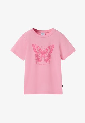 Pink kortærmet T-shirt med en detaljeret pink sommerfugl-grafik og teksten "Papilio Machaon" trykt under sommerfuglen.