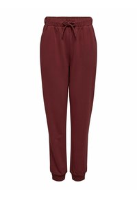 Pantalones de chándal burdeos de tela suave, con una cintura elástica y cordón ajustable, y puños acanalados en los tobillos.