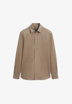 Braunes Langarmhemd aus glattem Stoff. Verfügt über einen Kragen, eine Knopfleiste vorne und einen abgerundeten Saum. Dezenter Glanz mit klassischem Design.
