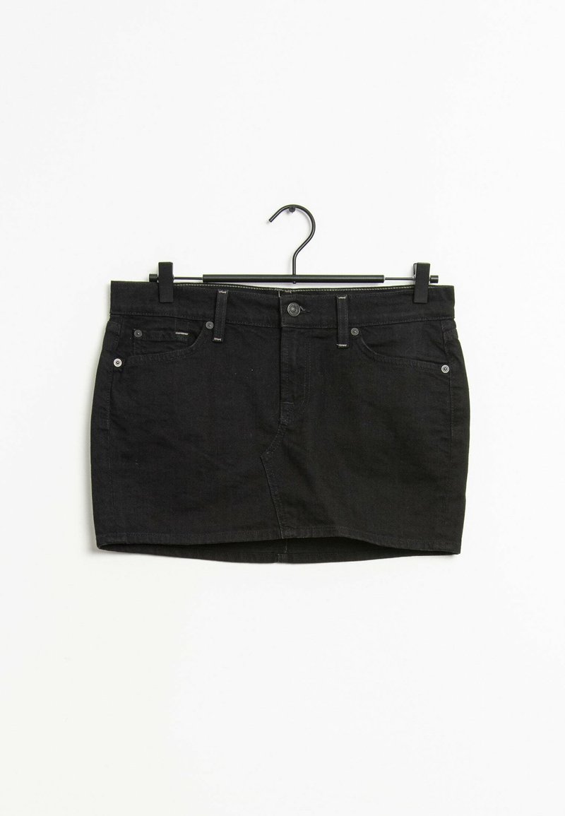 Black denim mini skirt with a fitted design, five pockets, and a button closure. Smooth texture with a straight hem and subtle stitching accents.