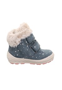 Blaue Wildleder-Stiefeletten mit Sternenmuster, Kunstfellbesatz und zwei verstellbaren Riemen. Weiße Sohle mit strukturiertem Design und pinkem Akzent an der Unterseite.