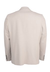 Lichtbeige blazer gezien van achteren, met een kentkraag, lange mouwen en vier donkere knopen op elke manchetkant.