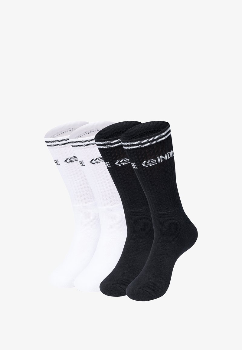 Sæt med bomuldsstrømper bestående af to par: et hvidt og et sort. Hvert par har en ribstrikket top og kontrasterende vandrette striber.