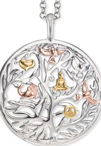 Livets træ vedhæng med sølvmetal, indviklet bladdesign, med accenter i rosaguld og guld, herunder et hjerte, en elefant og en Buddha.