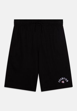 Zwarte atletiekshorts met elastische tailleband en trekkoord, met klein wit en rood "Champion"-logo op het onderste linkerbeen.