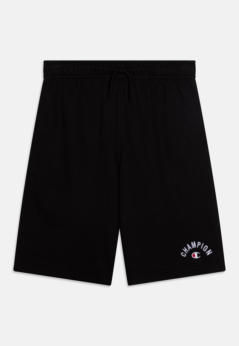 Shorts de sport noirs avec taille élastique et cordon, avec petit logo "Champion" blanc et rouge sur la partie inférieure de la jambe gauche.