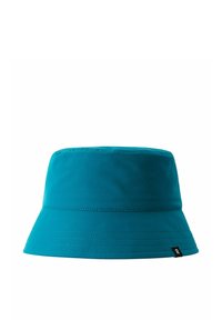 Türkisfarbener Bucket-Hut aus Baumwolle, mit breiter Krempe, glatter Textur und kontrastierender Naht. An der Basis ist ein kleines Etikett befestigt.