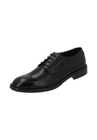 Scarpa da uomo in pelle nera con punta tonda, lacci sul davanti e tacco basso su sfondo bianco.