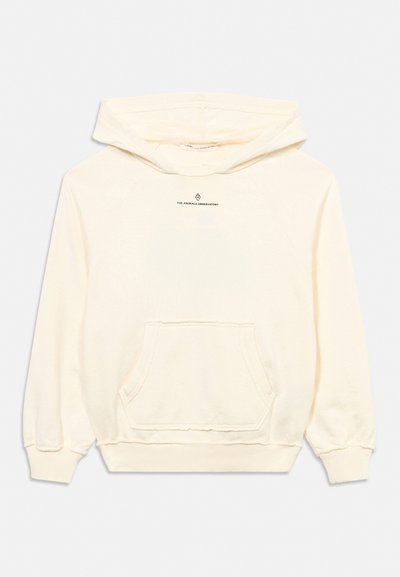 Sweat à capuche couleur crème avec poche avant et petit texte noir "The Animals Observatory" sous l'encolure sur un fond clair uni.
