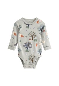 Langærmet baby bodystocking lavet af blødt gråt stof, med et farverigt tryk af skovdyr og træer, samt trykknaplukning i bunden.