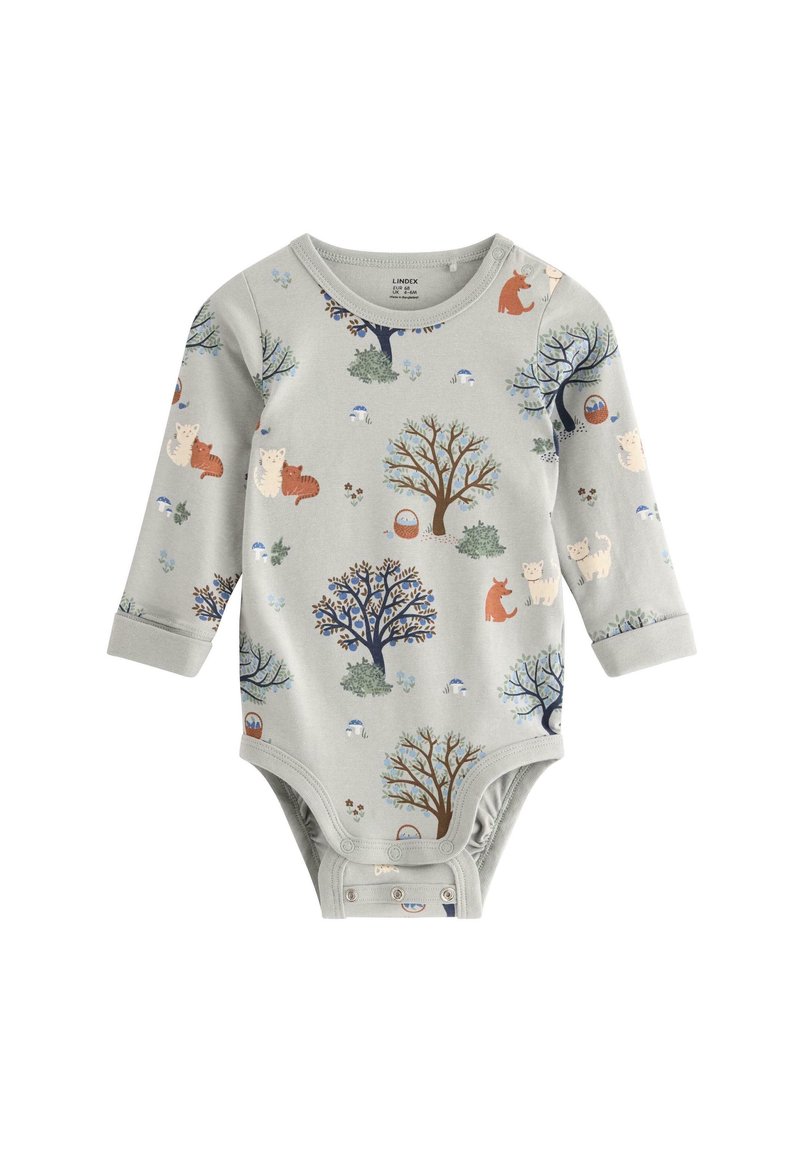 Langærmet baby bodystocking lavet af blødt gråt stof, med et farverigt tryk af skovdyr og træer, samt trykknaplukning i bunden.