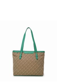 Borsa a tracolla marrone con un motivo a monogramma ripetuto, con manici e rifiniture in pelle verde, e una forma rettangolare.